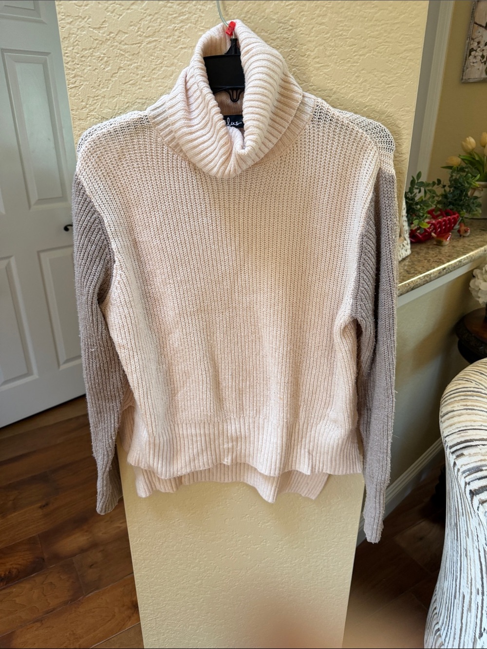 Lulu's Two-Tone Cowl Neck Sweater in pale pink and Taupe